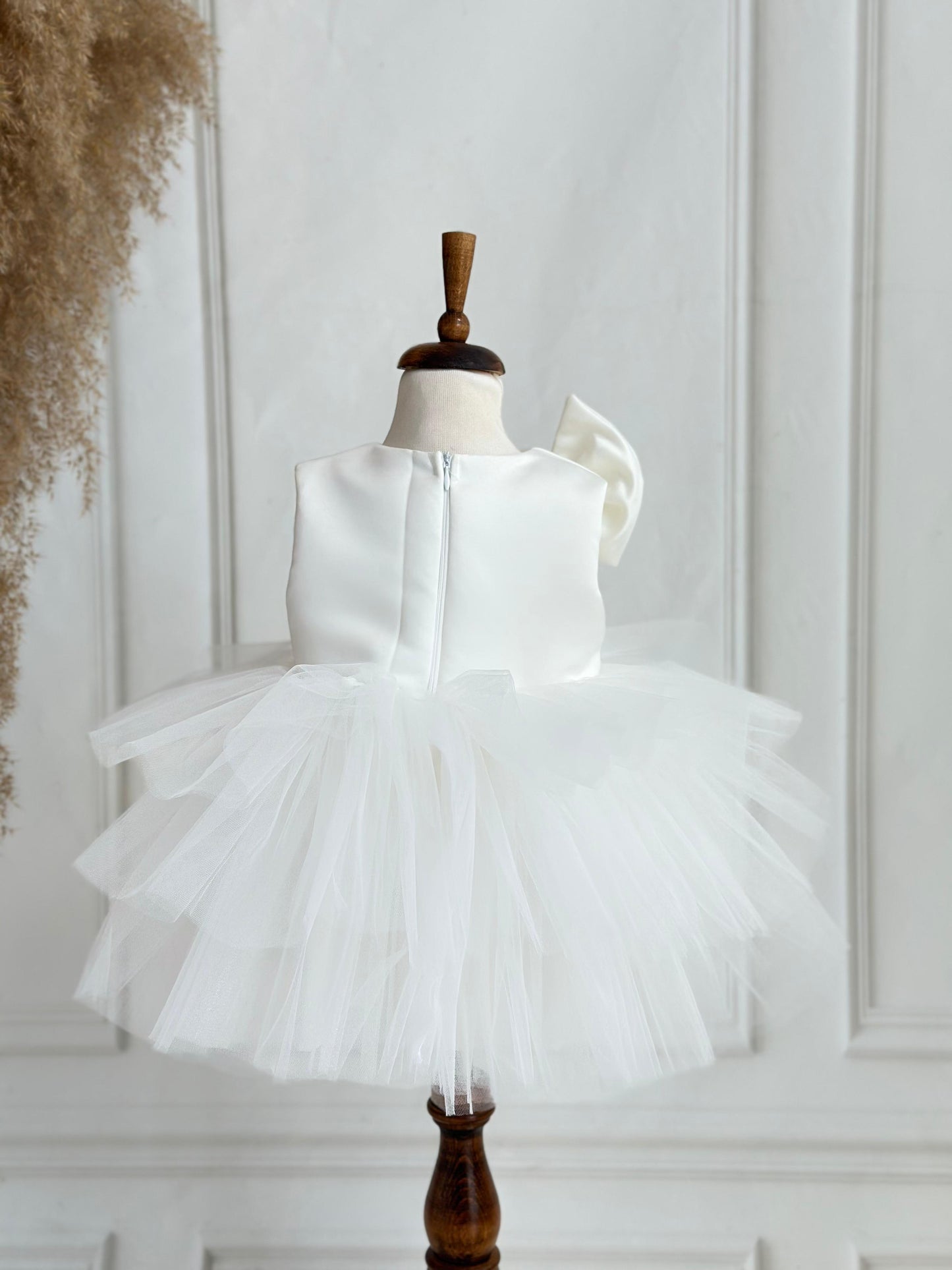 Cotton Satin Party Dress with Bow - White