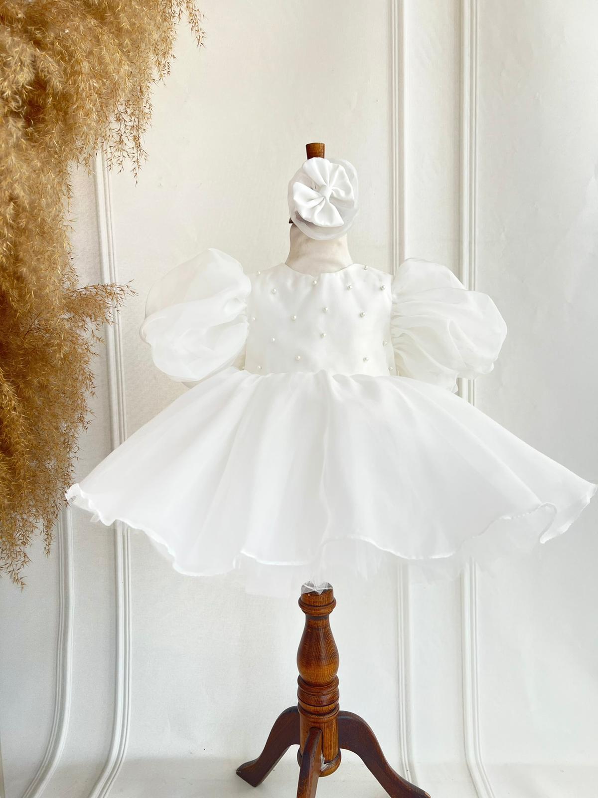 White Pearl Baby Girl Dress – Elegant Puff Sleeve Birthday & Special Occasion Dress