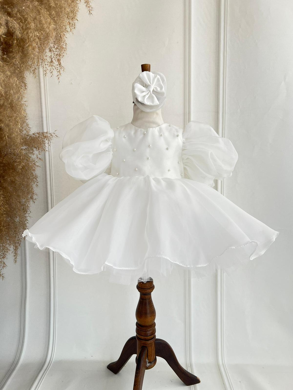 White Pearl Baby Girl Dress – Elegant Puff Sleeve Birthday & Special Occasion Dress