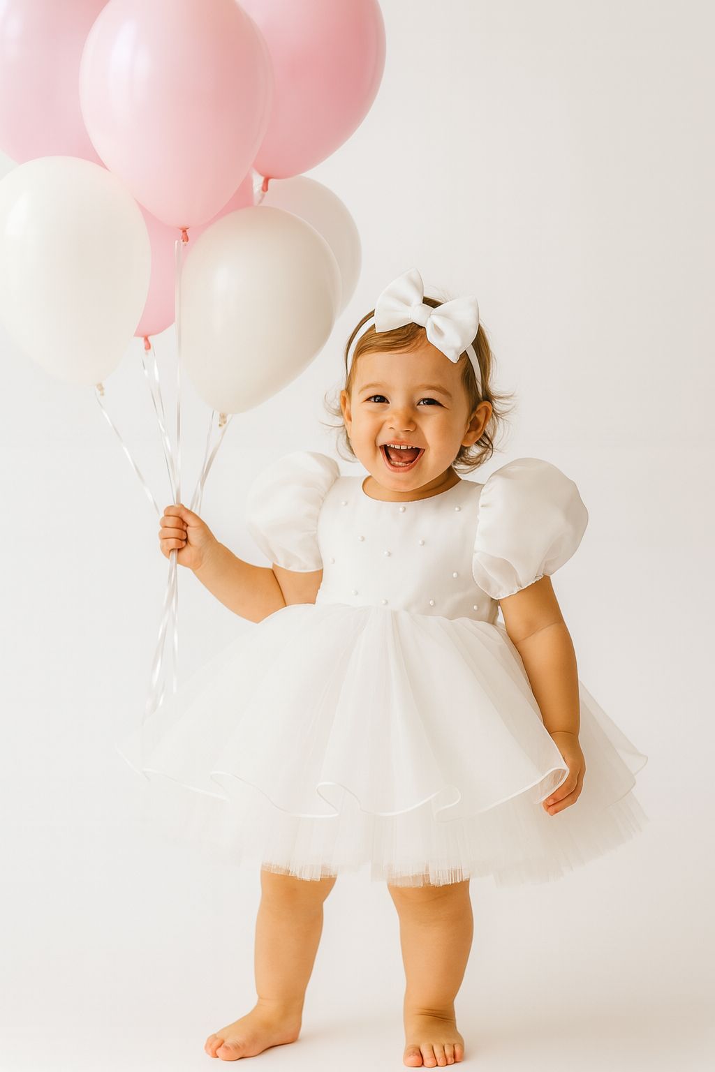 White Pearl Baby Girl Dress – Elegant Puff Sleeve Birthday & Special Occasion Dress