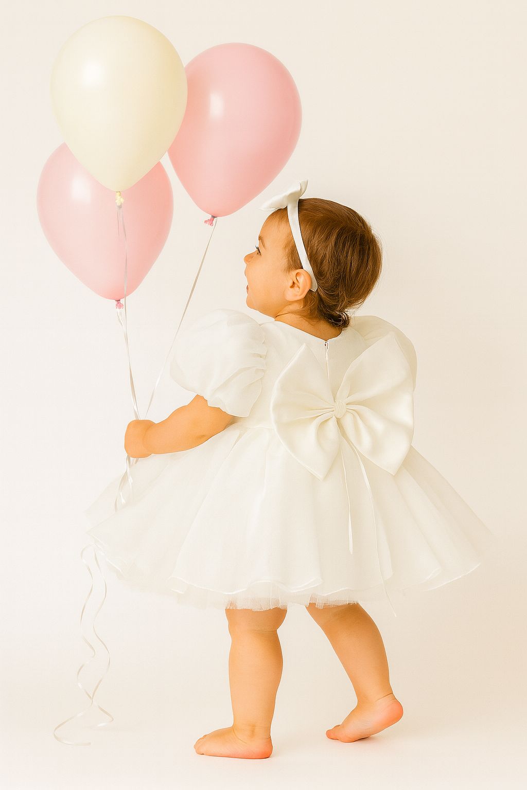 White Pearl Baby Girl Dress – Elegant Puff Sleeve Birthday & Special Occasion Dress