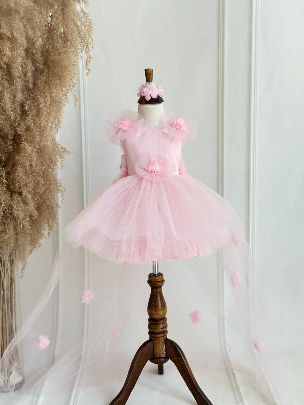 Baby & Girls Pink Tulle Flower Dress with Headband | Princess Party & Birthday Dress