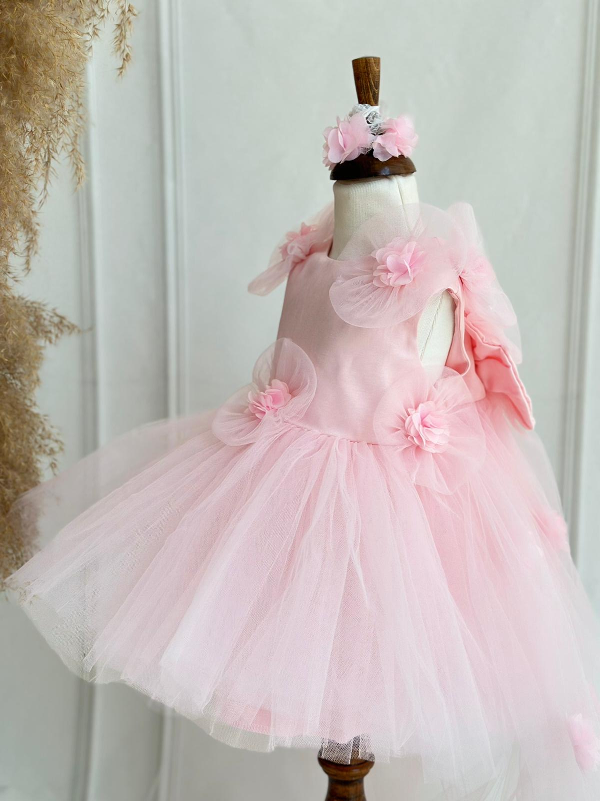Baby & Girls Pink Tulle Flower Dress with Headband | Princess Party & Birthday Dress