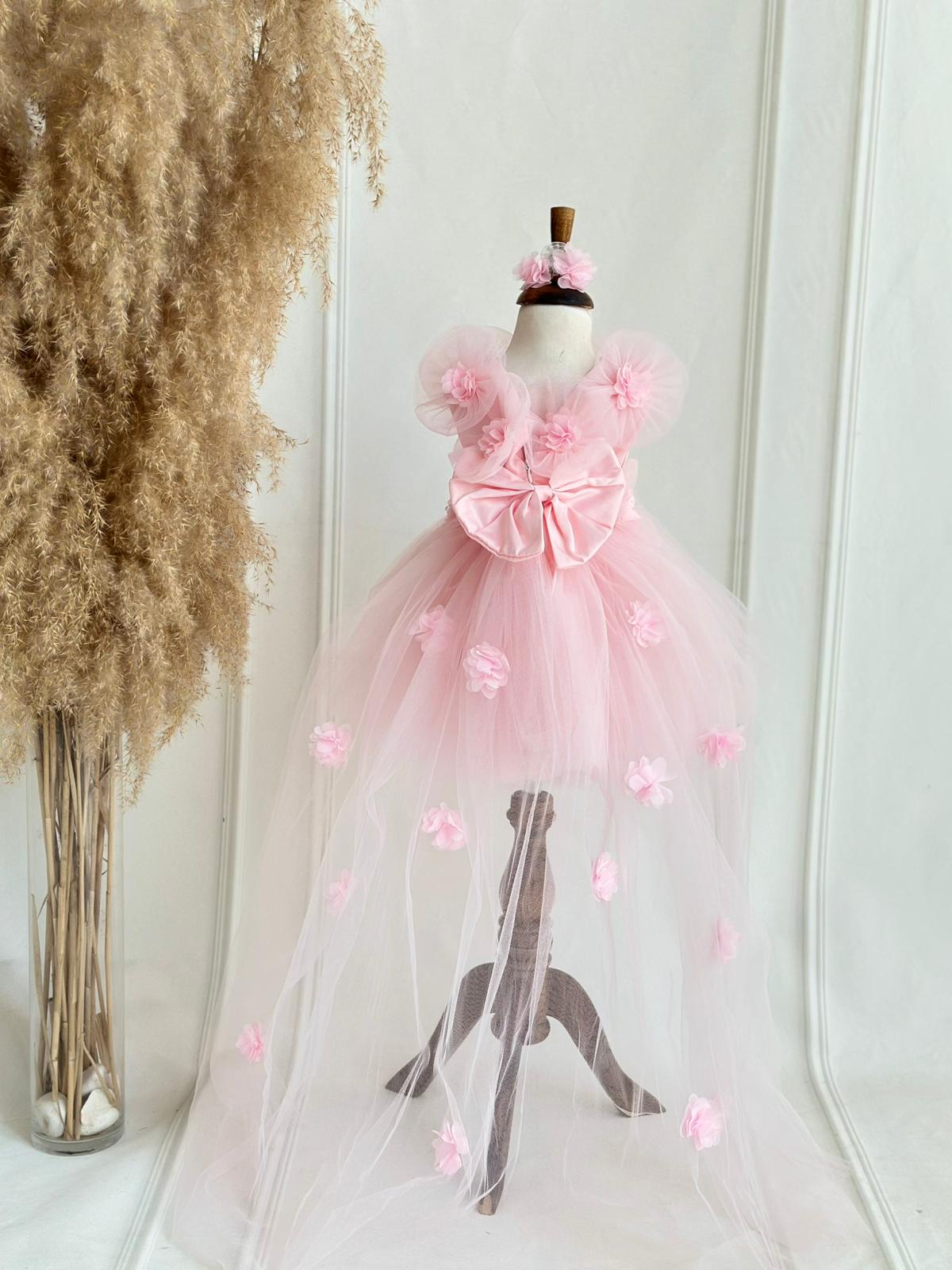 Baby & Girls Pink Tulle Flower Dress with Headband | Princess Party & Birthday Dress