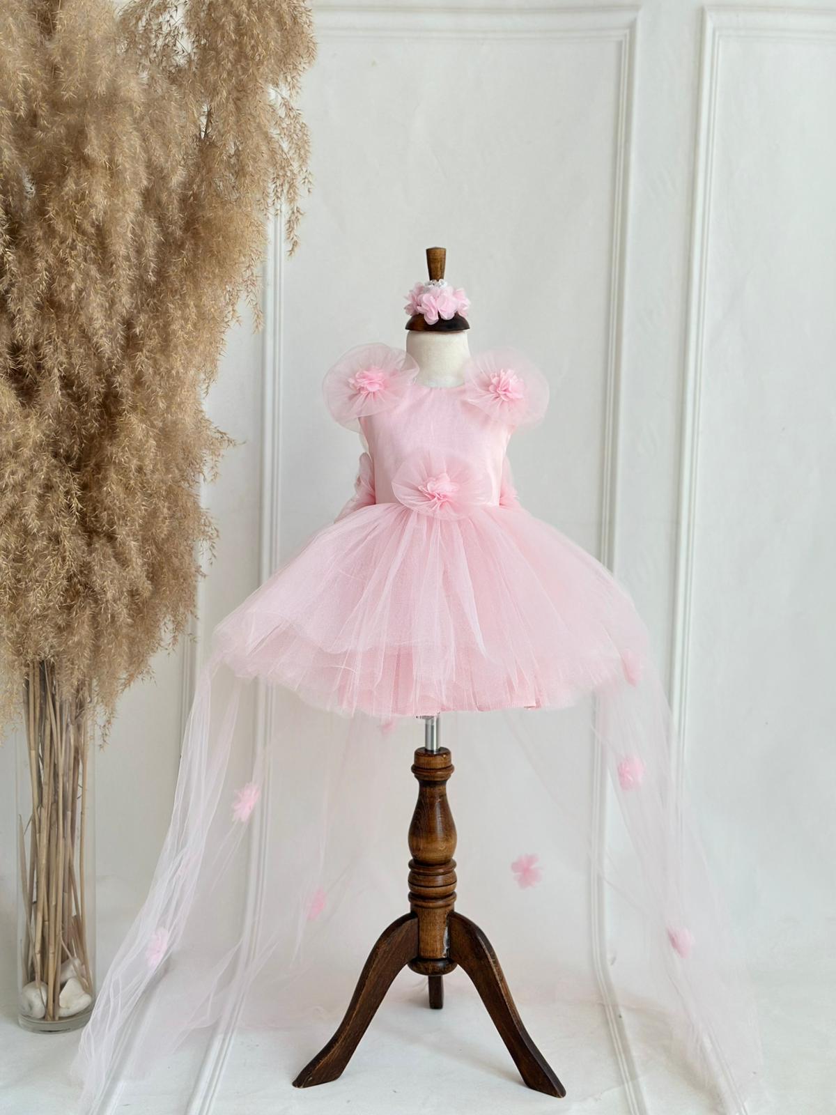 Baby & Girls Pink Tulle Flower Dress with Headband | Princess Party & Birthday Dress