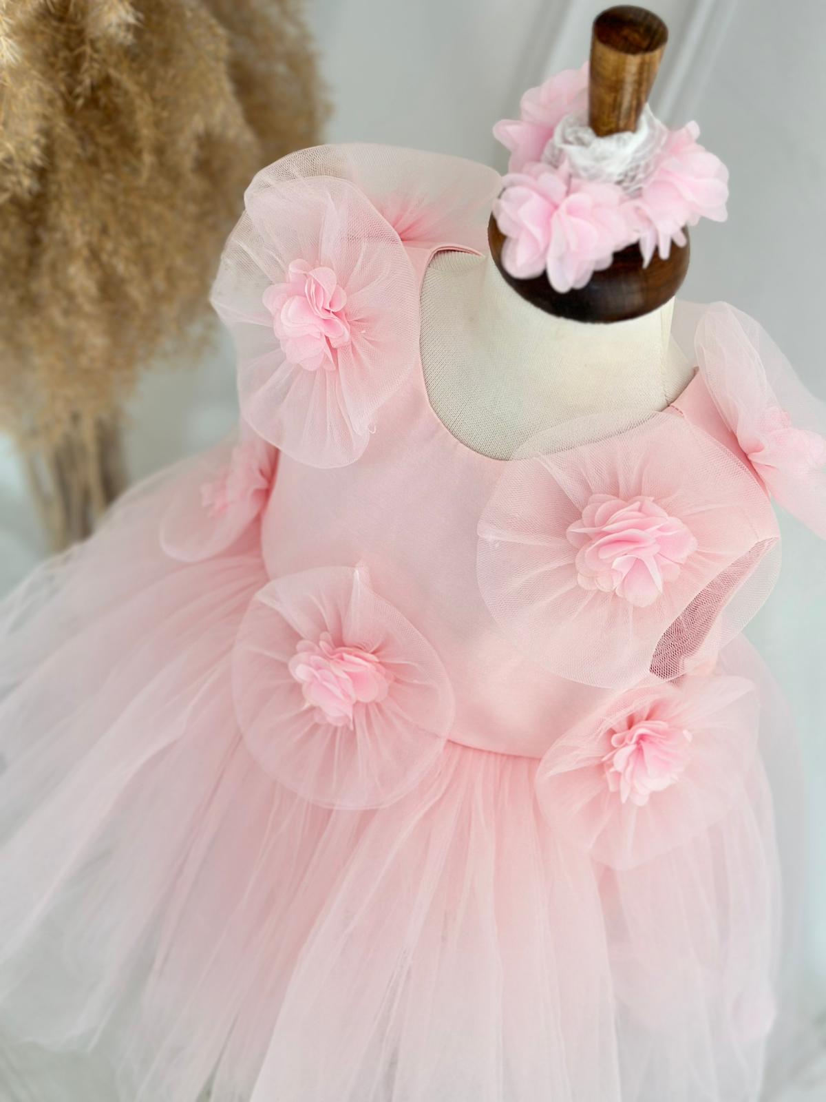 Baby & Girls Pink Tulle Flower Dress with Headband | Princess Party & Birthday Dress