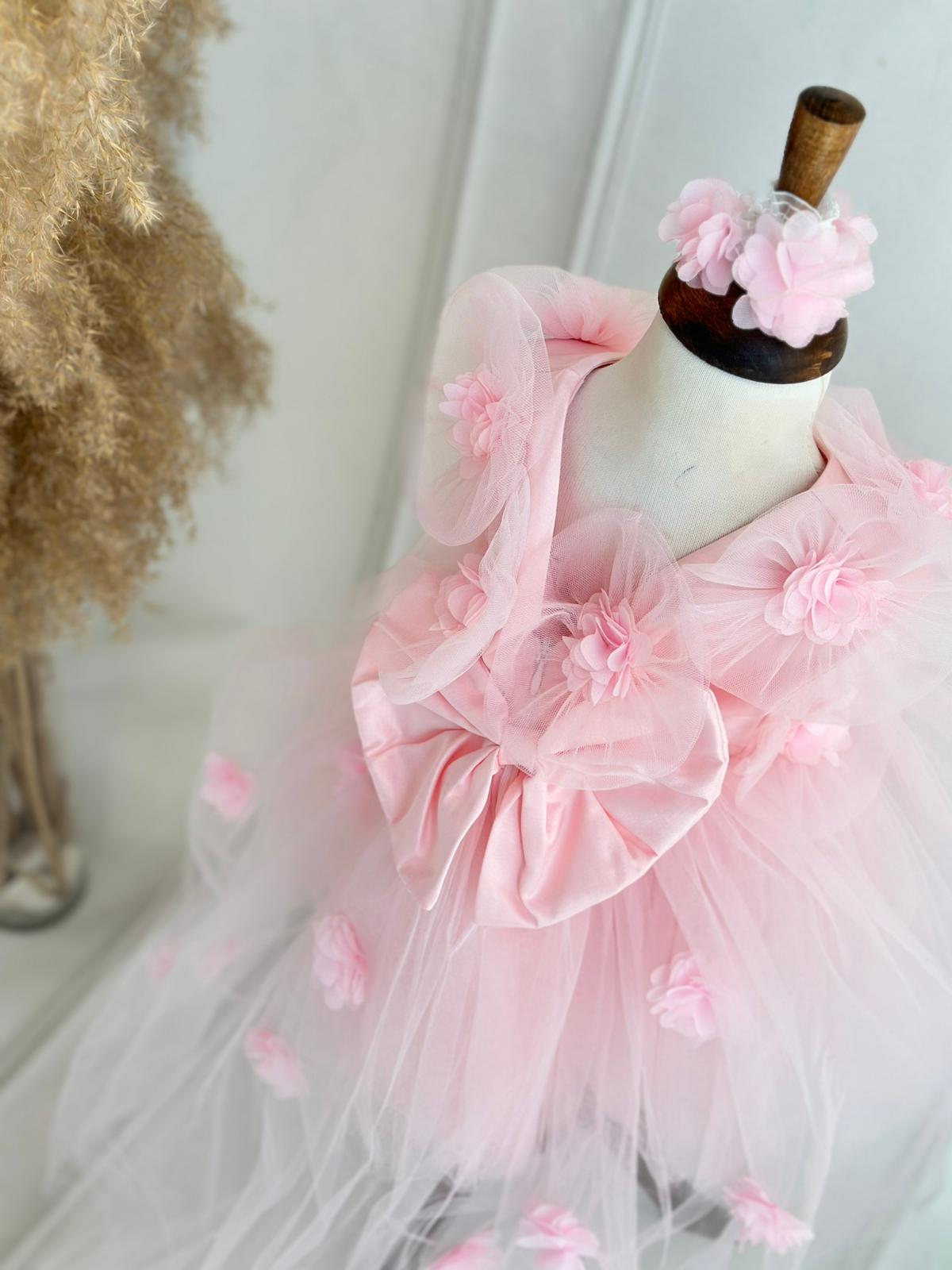 Baby & Girls Pink Tulle Flower Dress with Headband | Princess Party & Birthday Dress