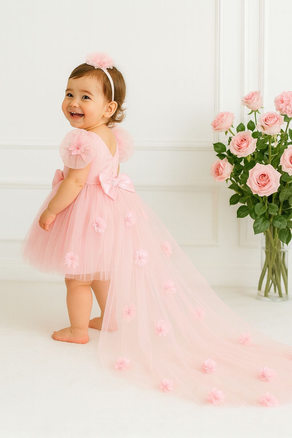 Baby & Girls Pink Tulle Flower Dress with Headband | Princess Party & Birthday Dress
