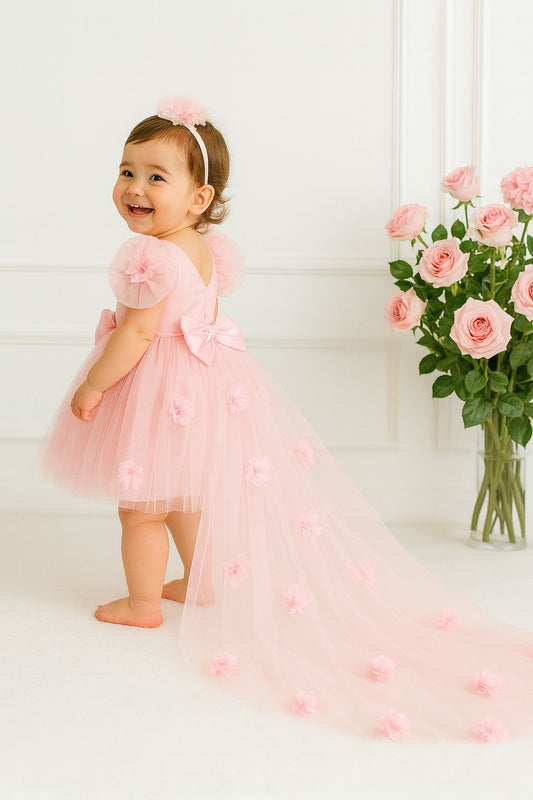 Baby & Girls Pink Tulle Flower Dress with Headband | Princess Party & Birthday Dress