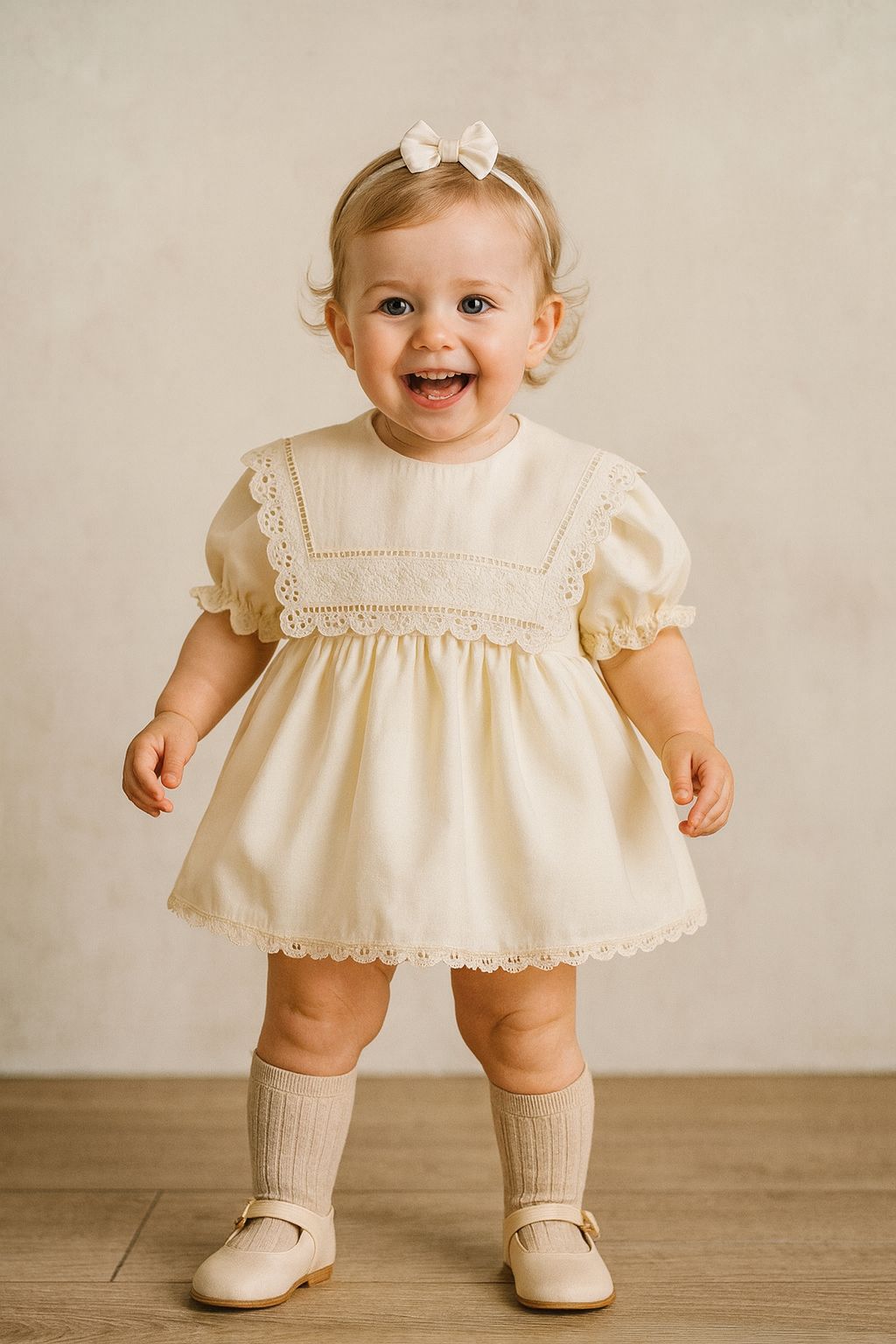 Personalized Ivory Baby Girl Dress with Lace Collar and Embroidered Name – Elegant Vintage Style Birthday Outfit