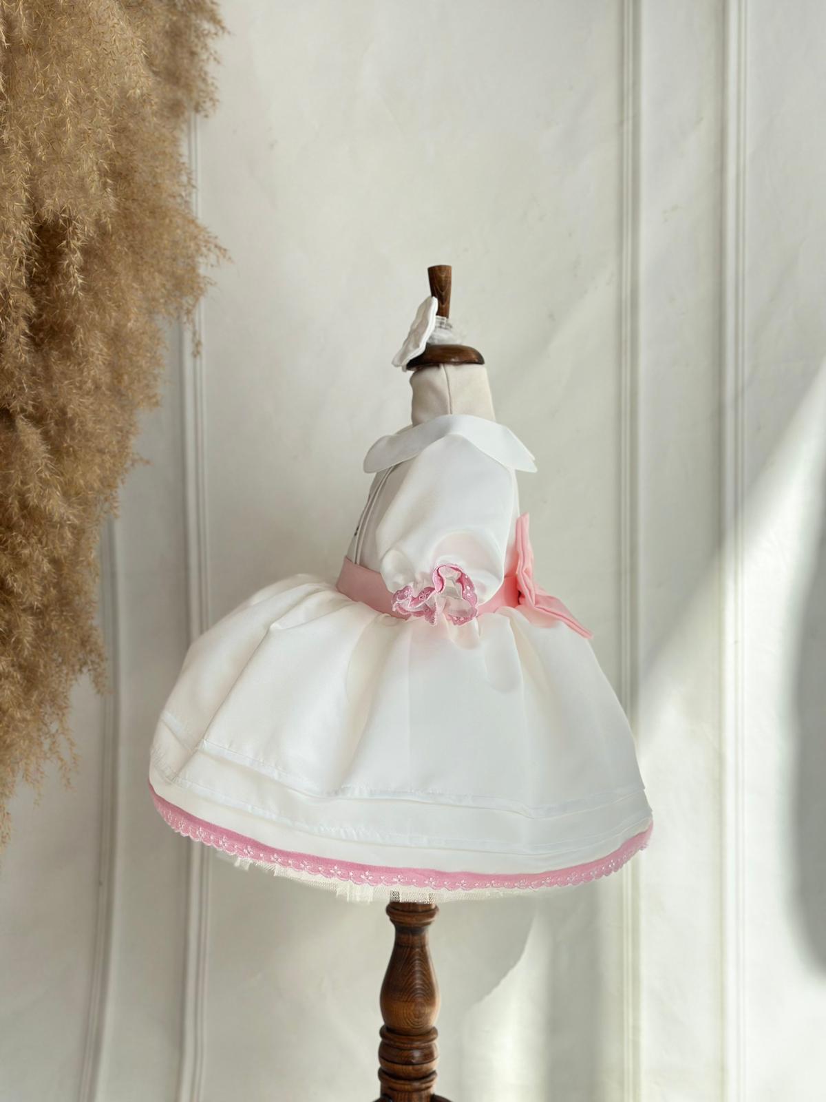 White & Pink Baby Girl Dress with Embroidered Name Detail + Matching Bow Headband | Elegant Birthday & Party Outfit