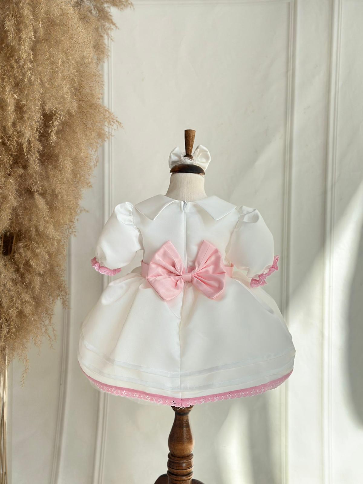 White & Pink Baby Girl Dress with Embroidered Name Detail + Matching Bow Headband | Elegant Birthday & Party Outfit
