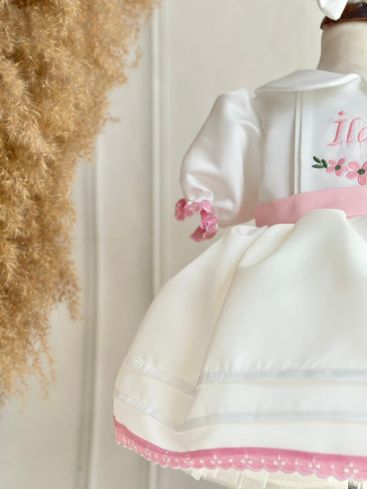 White & Pink Baby Girl Dress with Embroidered Name Detail + Matching Bow Headband | Elegant Birthday & Party Outfit