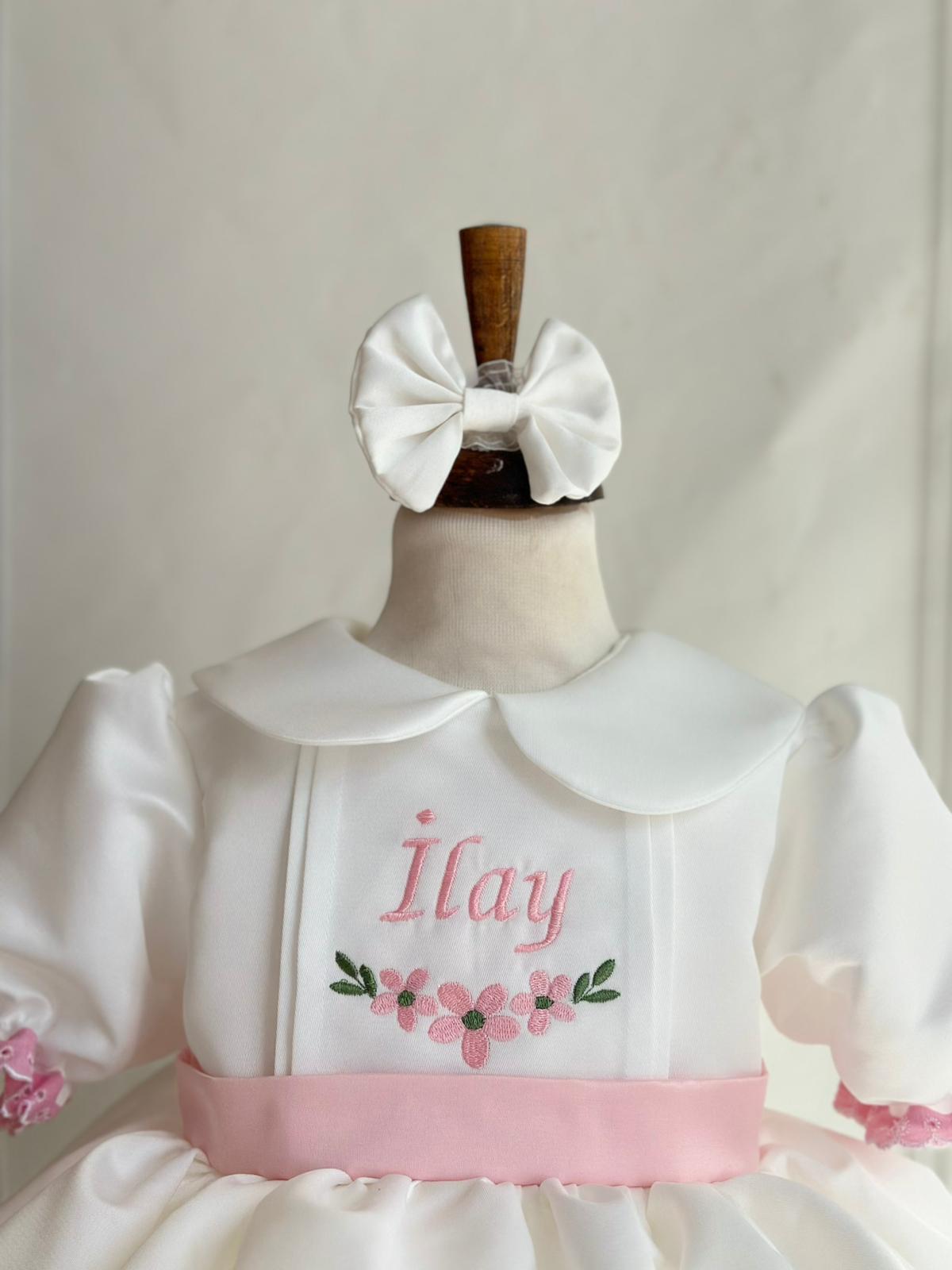 White & Pink Baby Girl Dress with Embroidered Name Detail + Matching Bow Headband | Elegant Birthday & Party Outfit