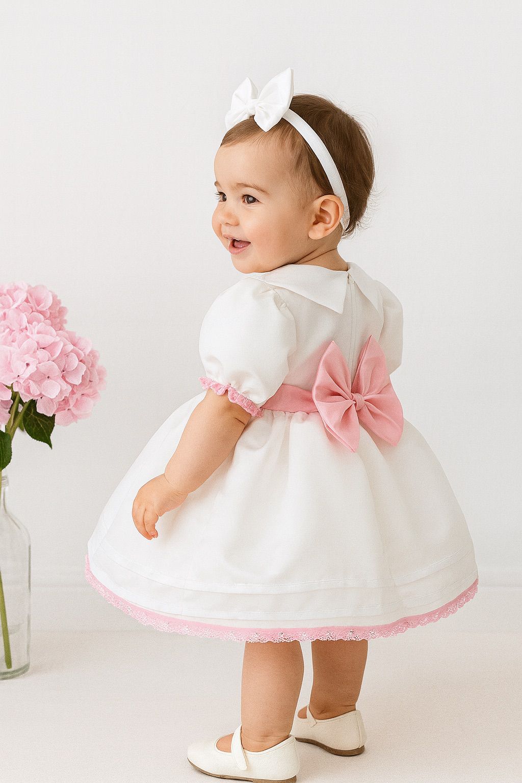 White & Pink Baby Girl Dress with Embroidered Name Detail + Matching Bow Headband | Elegant Birthday & Party Outfit