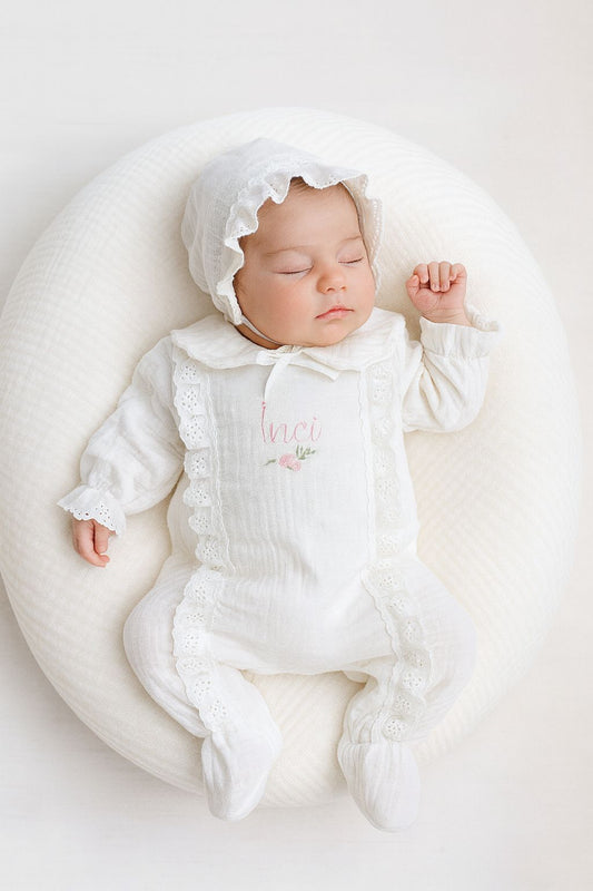 White Muslin Newborn Baby Girl Outfit Set – 4-Piece Embroidered Romper, Bonnet, Mittens & Booties | Lace Trim | Perfect for Coming Home or Baby Shower Gift