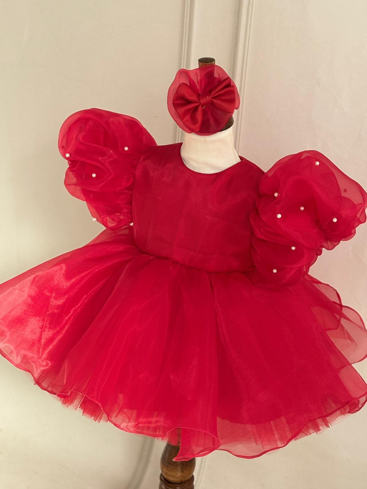 Red Pearl Detailed Tulle Baby & Girl Dress