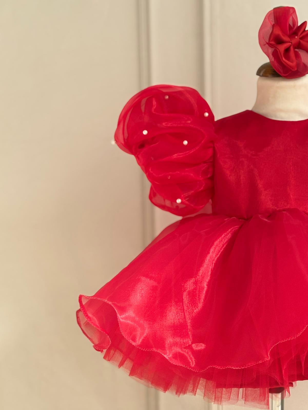 Red Pearl Detailed Tulle Baby & Girl Dress