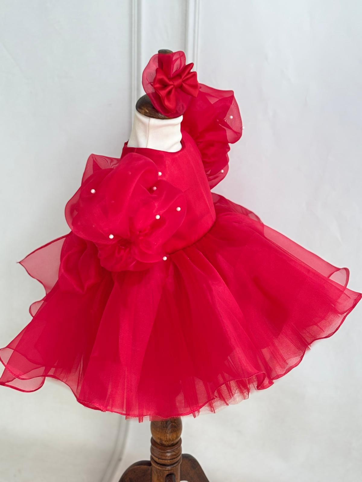 Red Pearl Detailed Tulle Baby & Girl Dress