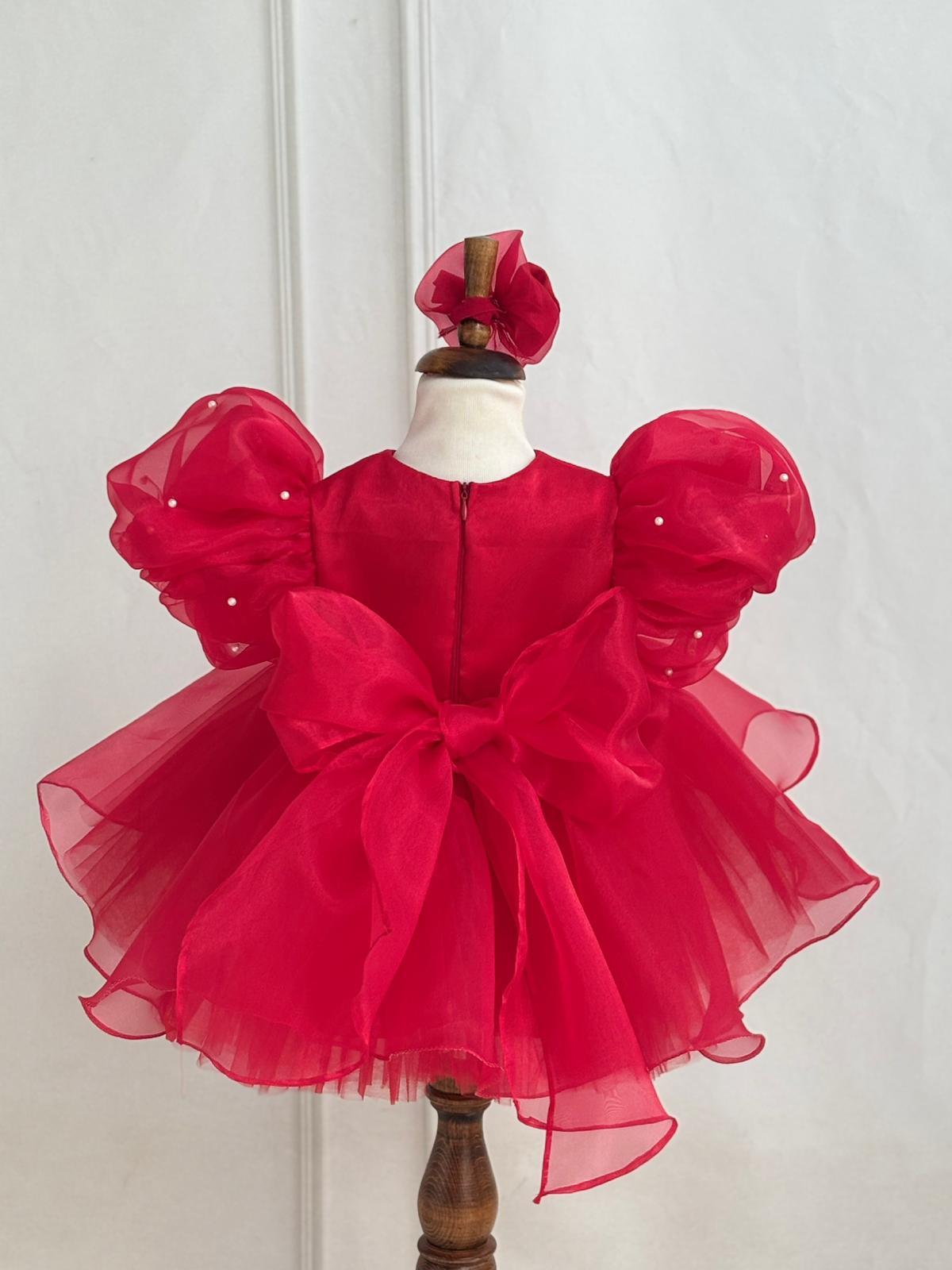 Red Pearl Detailed Tulle Baby & Girl Dress