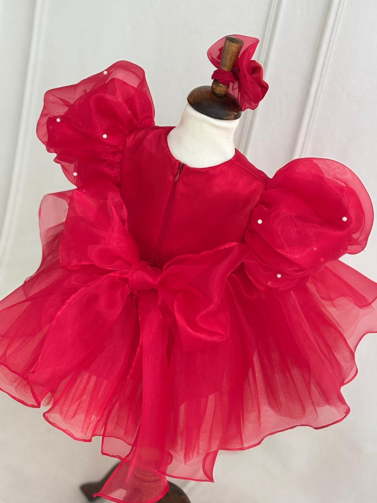 Red Pearl Detailed Tulle Baby & Girl Dress