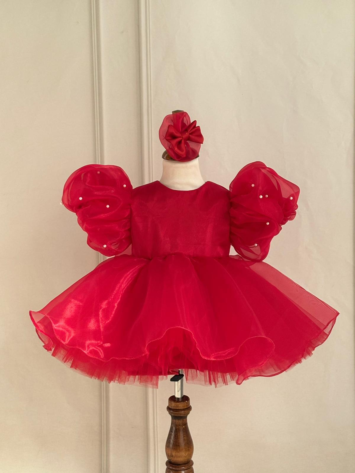 Red Pearl Detailed Tulle Baby & Girl Dress