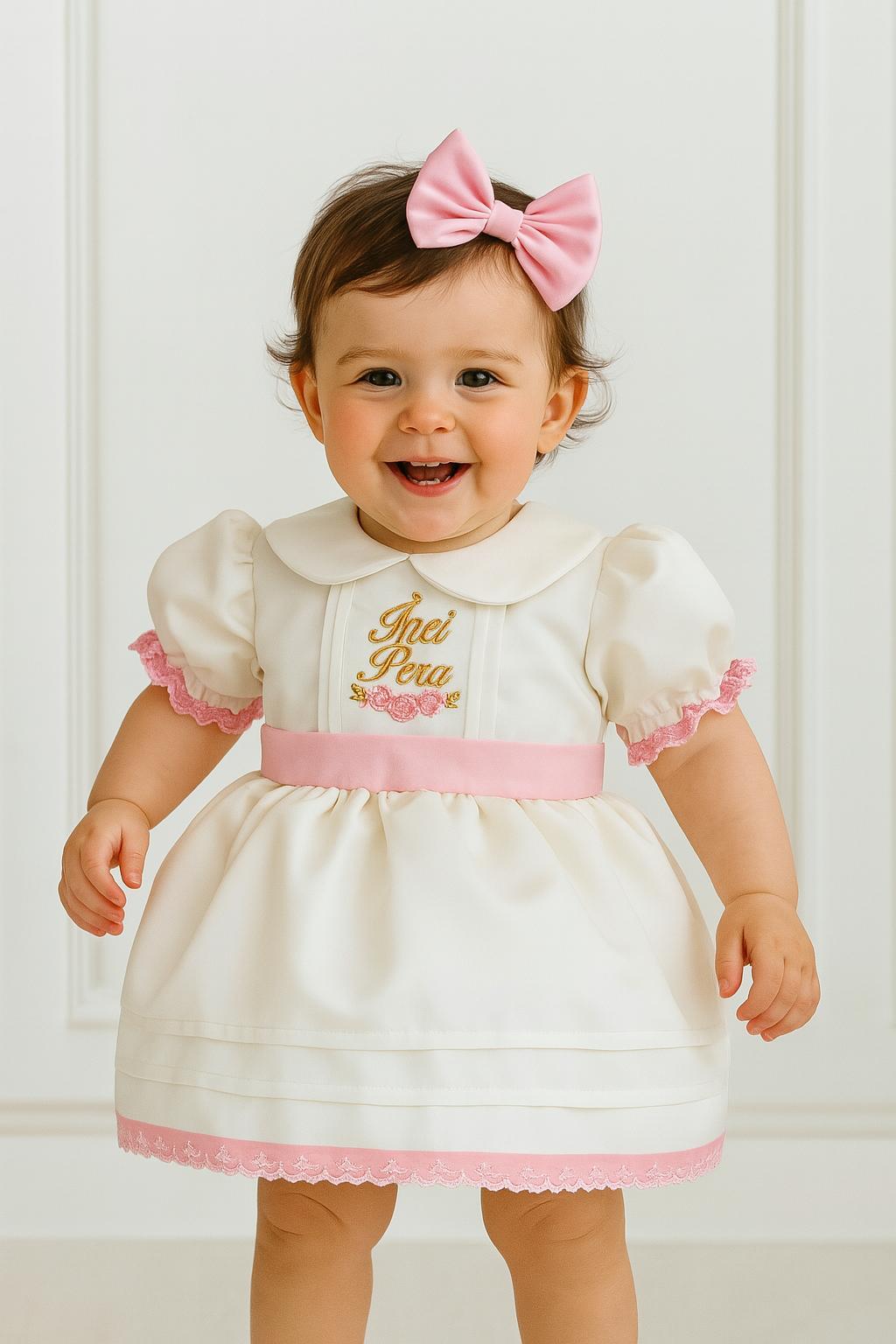 Off-White & Pink Personalized Embroidered Puffy Dress