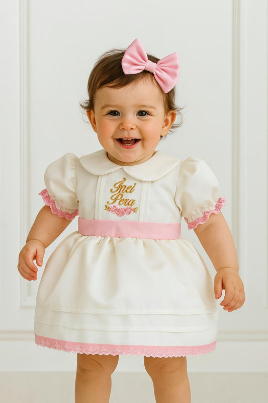 Off-White & Pink Personalized Embroidered Puffy Dress