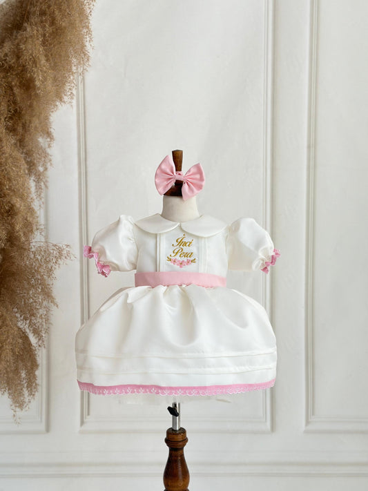 Off-White & Pink Personalized Embroidered Puffy Dress