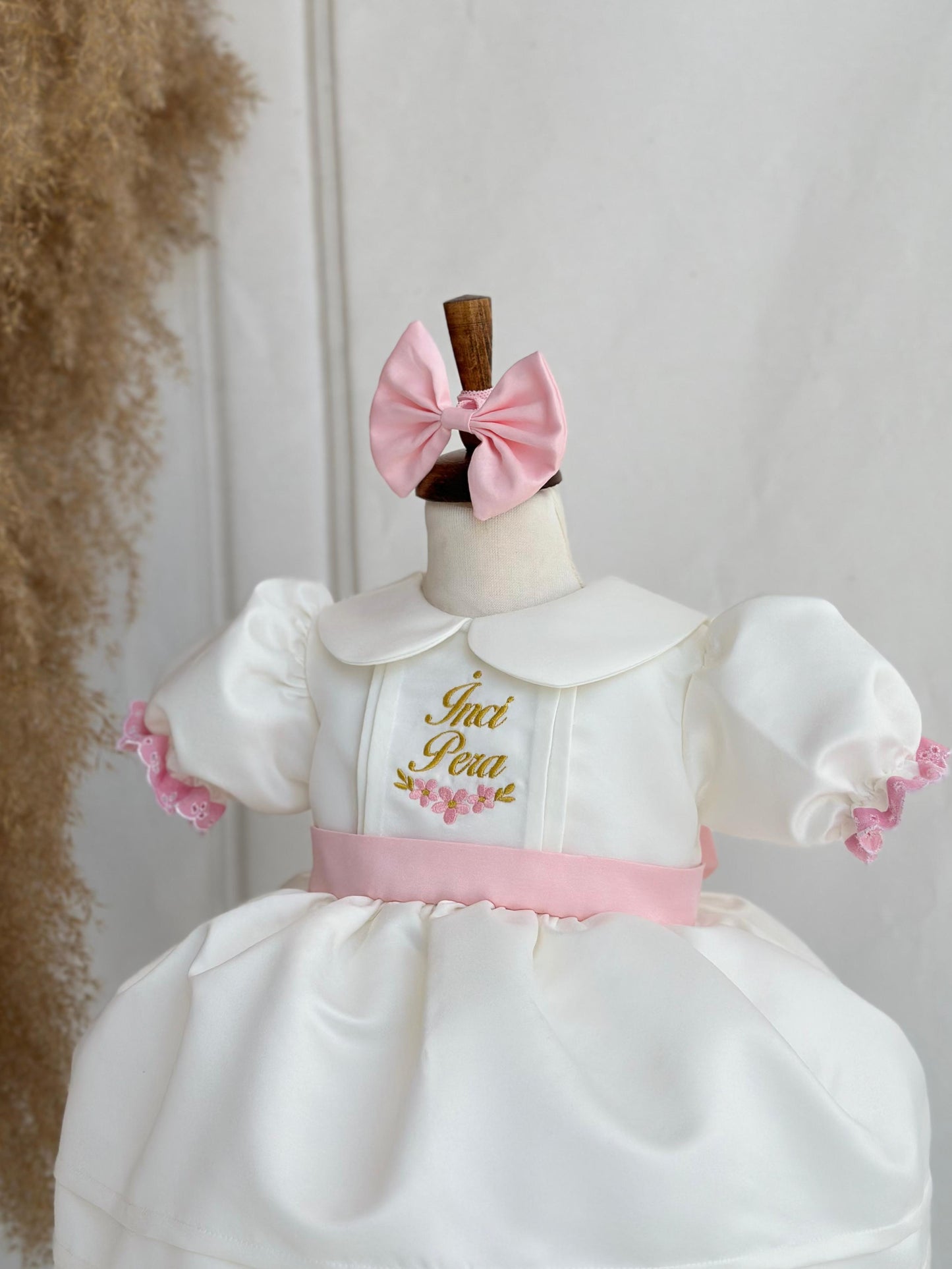 Off-White & Pink Personalized Embroidered Puffy Dress