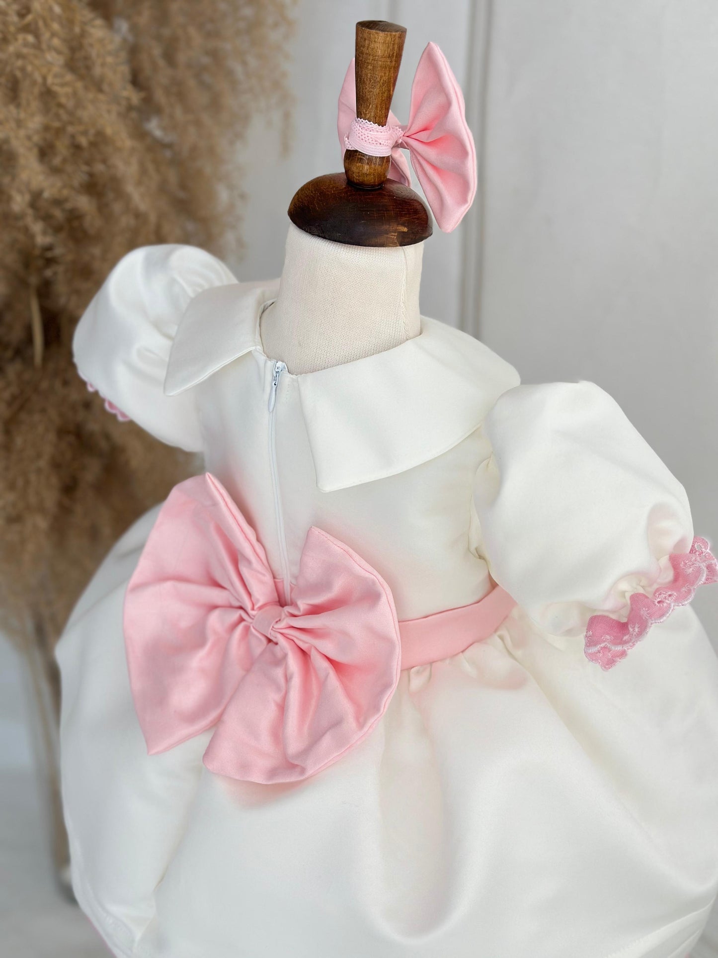 Off-White & Pink Personalized Embroidered Puffy Dress