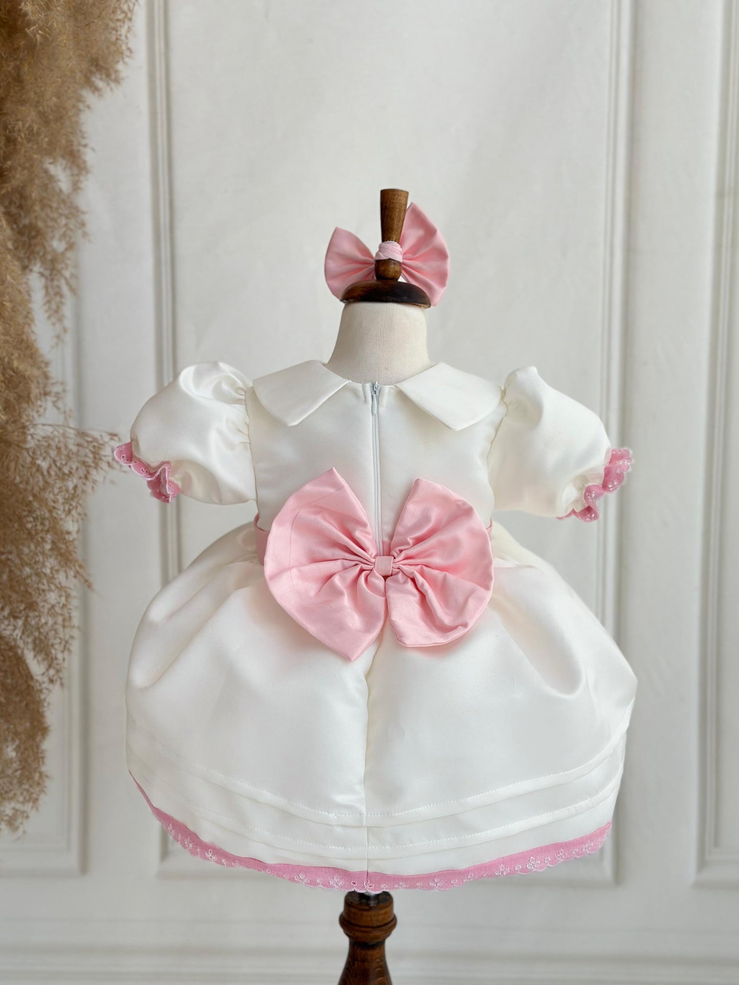 Off-White & Pink Personalized Embroidered Puffy Dress