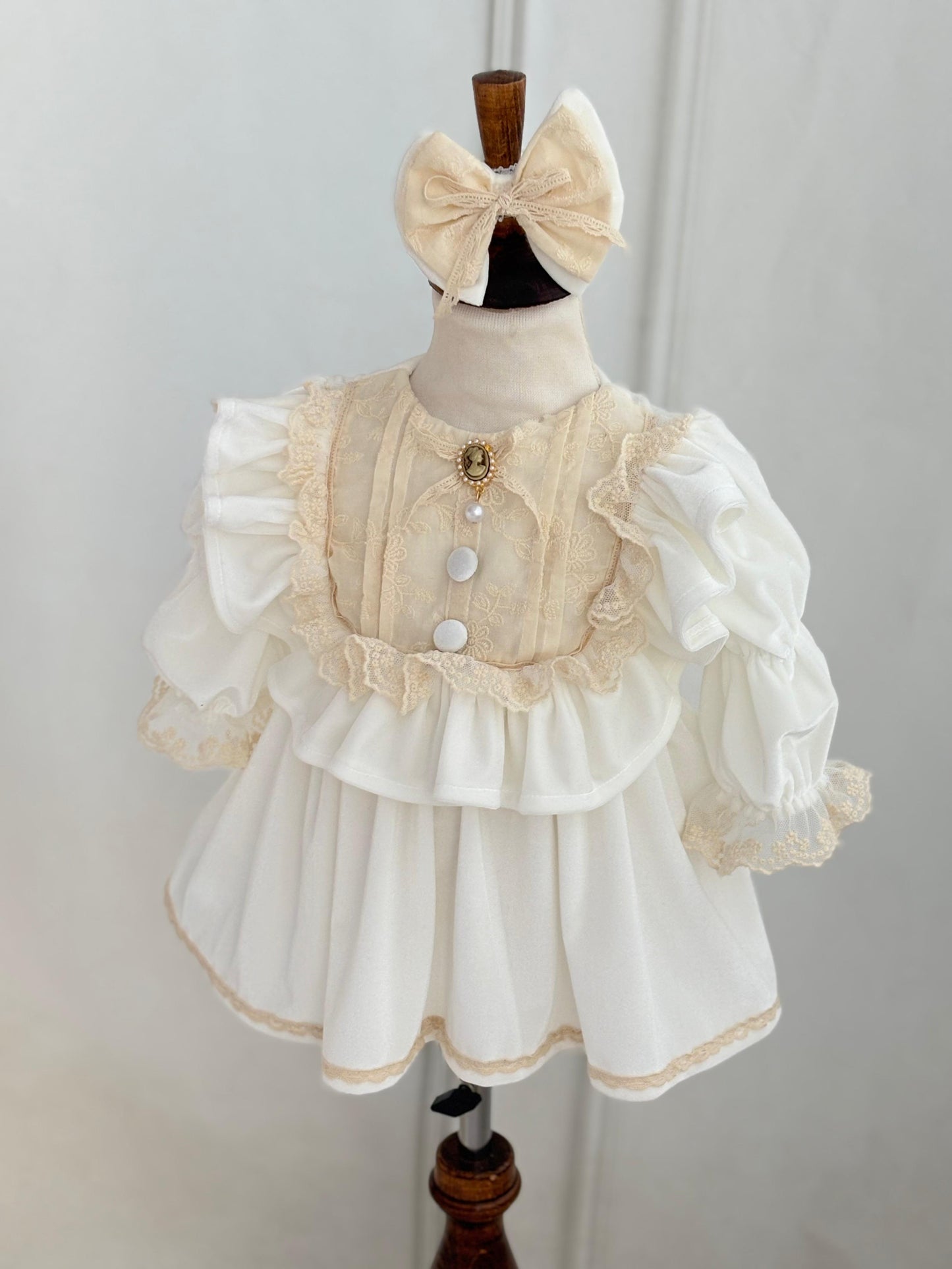 Vintage Cream Velvet Lace Baby Dress with Ruffles and Bow | Elegant Princess Outfit for Special Occasions