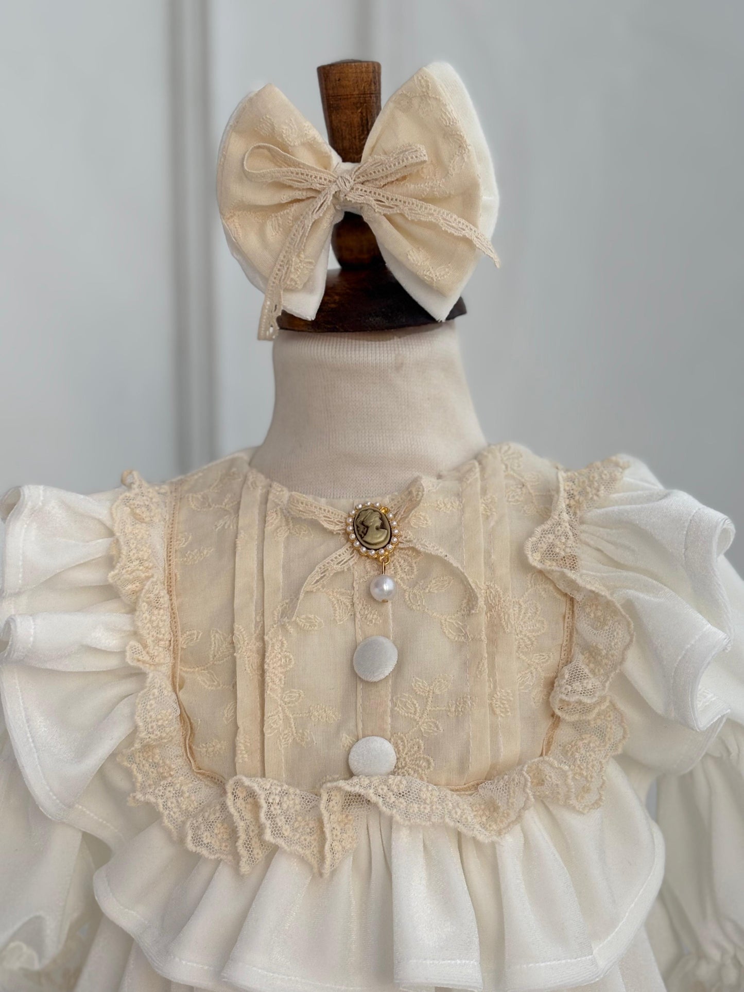 Vintage Cream Velvet Lace Baby Dress with Ruffles and Bow | Elegant Princess Outfit for Special Occasions