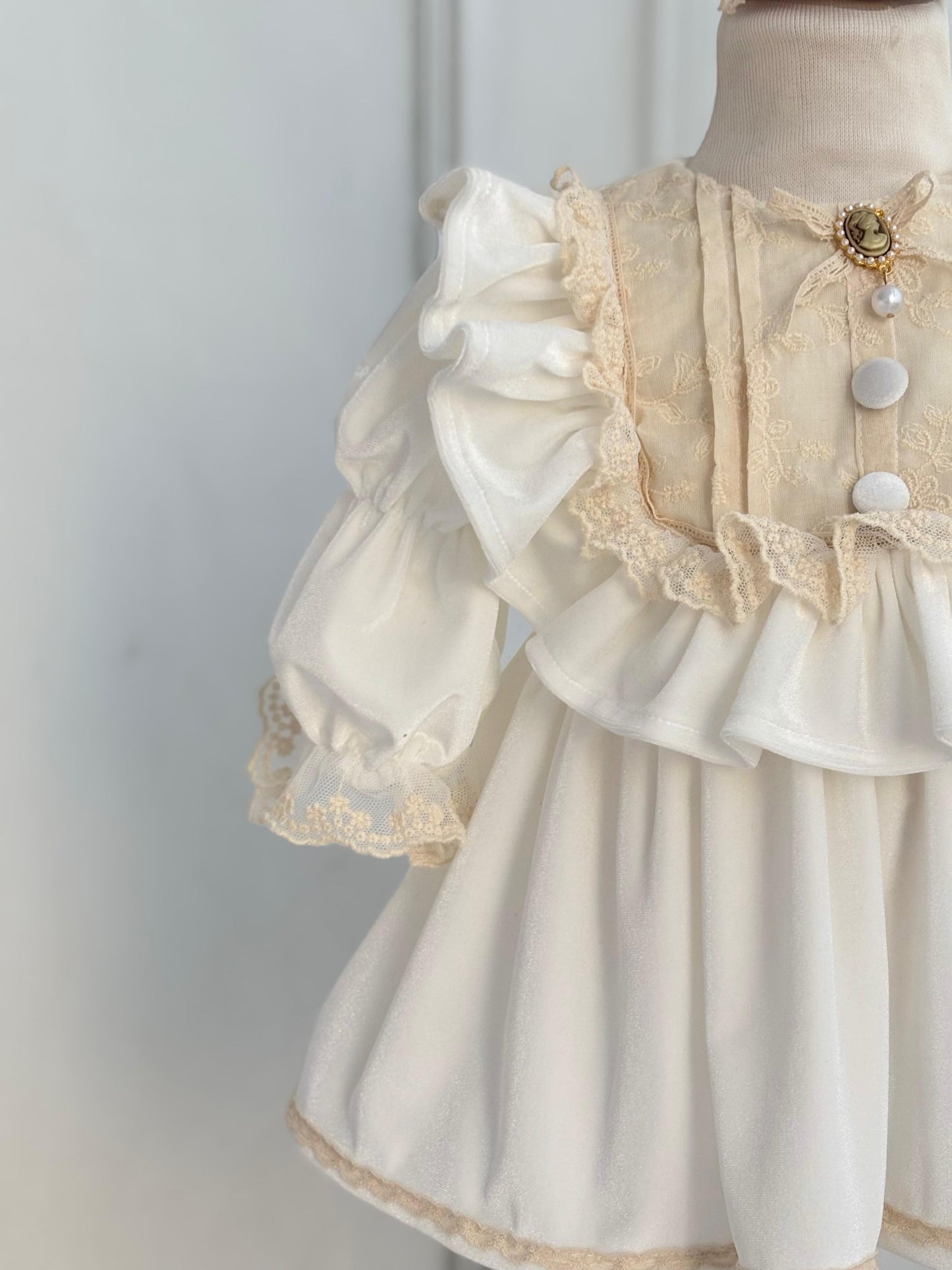 Vintage Cream Velvet Lace Baby Dress with Ruffles and Bow | Elegant Princess Outfit for Special Occasions