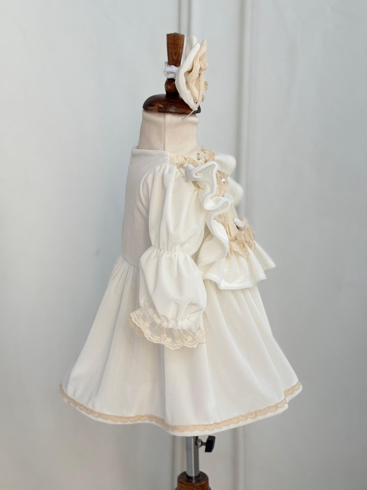 Vintage Cream Velvet Lace Baby Dress with Ruffles and Bow | Elegant Princess Outfit for Special Occasions