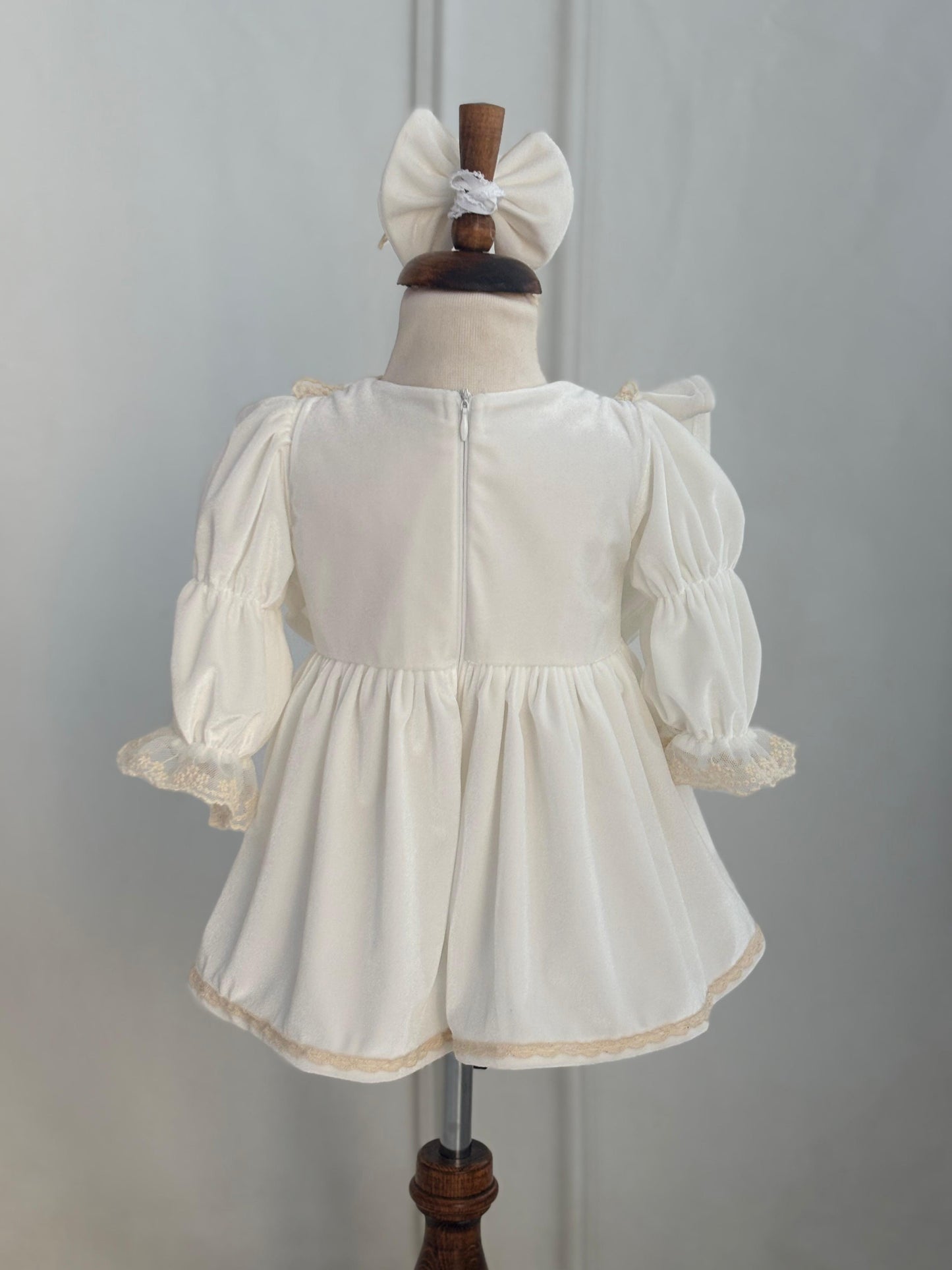 Vintage Cream Velvet Lace Baby Dress with Ruffles and Bow | Elegant Princess Outfit for Special Occasions