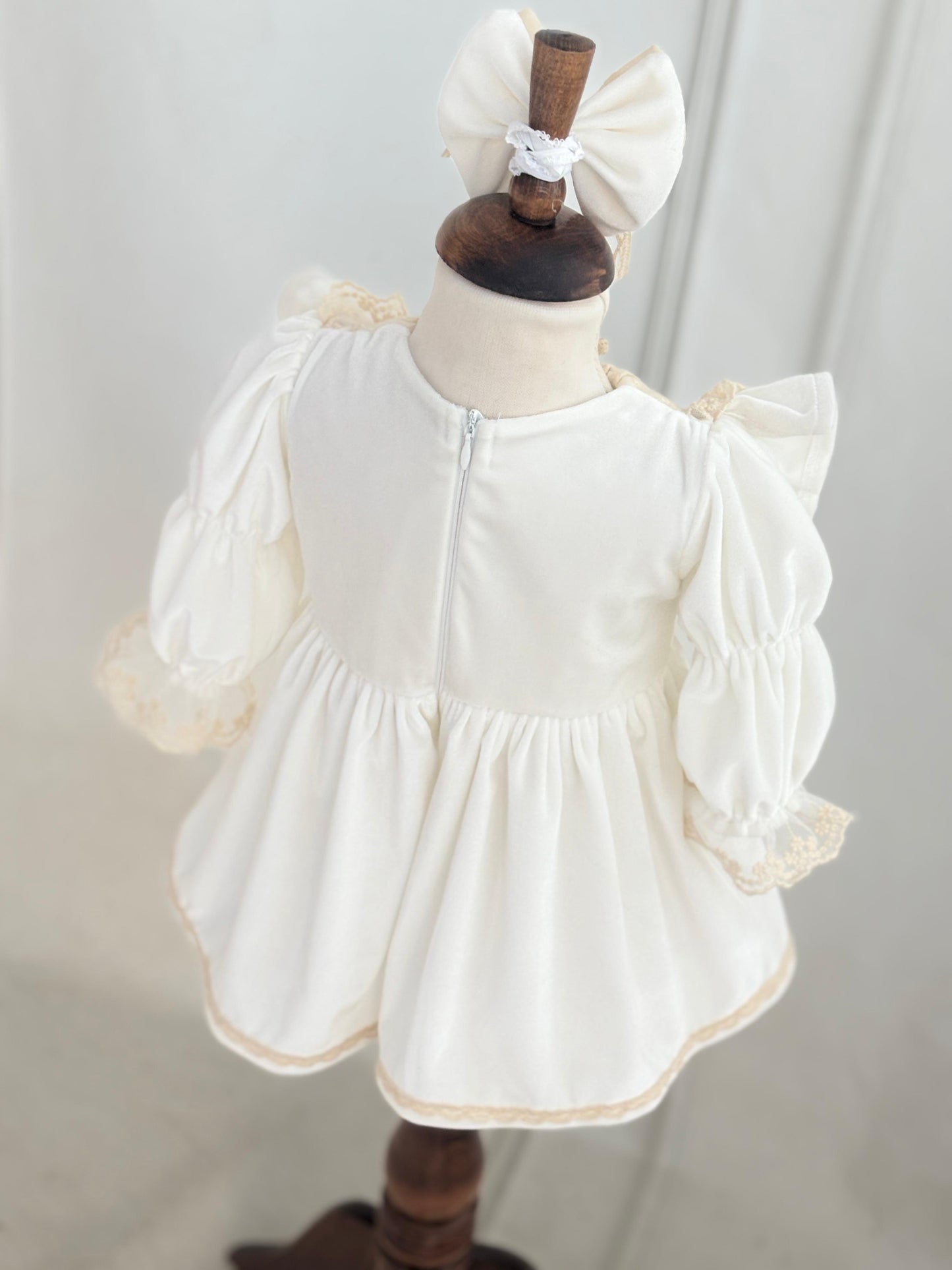 Vintage Cream Velvet Lace Baby Dress with Ruffles and Bow | Elegant Princess Outfit for Special Occasions