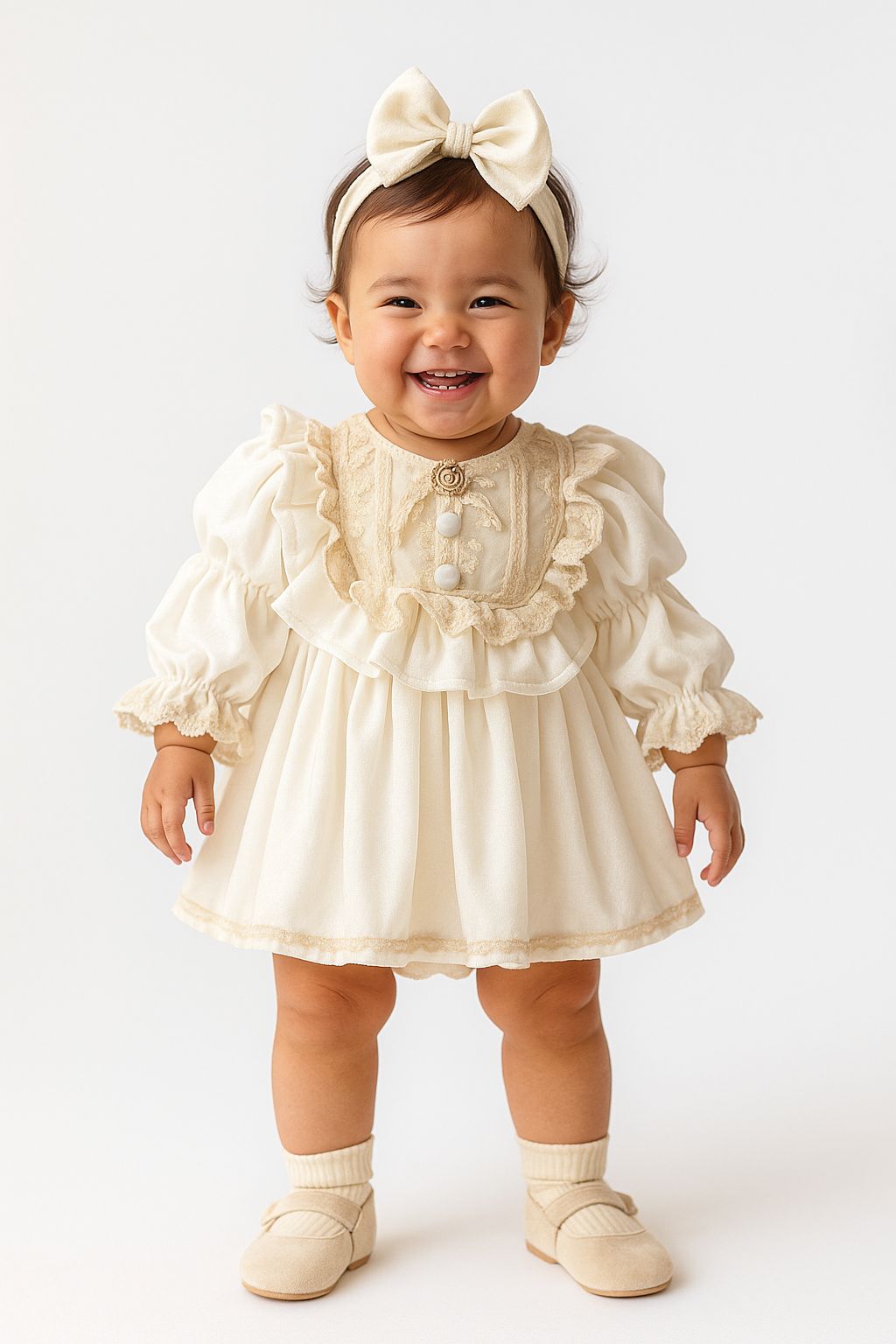 Vintage Cream Velvet Lace Baby Dress with Ruffles and Bow | Elegant Princess Outfit for Special Occasions
