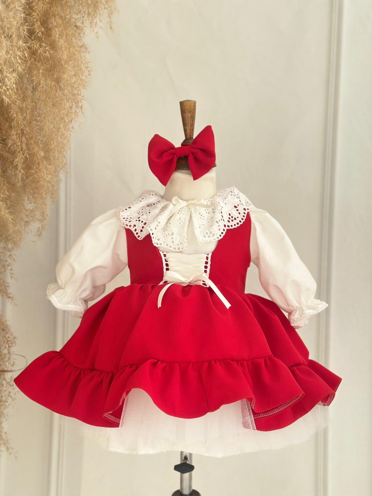 Red Ruffled Baby Girl Dress | Lace Collar and Puff Sleeve Design