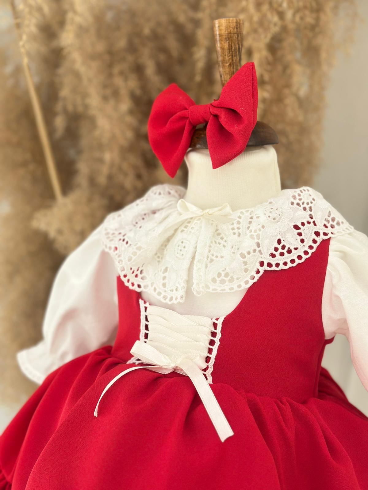 Red Ruffled Baby Girl Dress | Lace Collar and Puff Sleeve Design