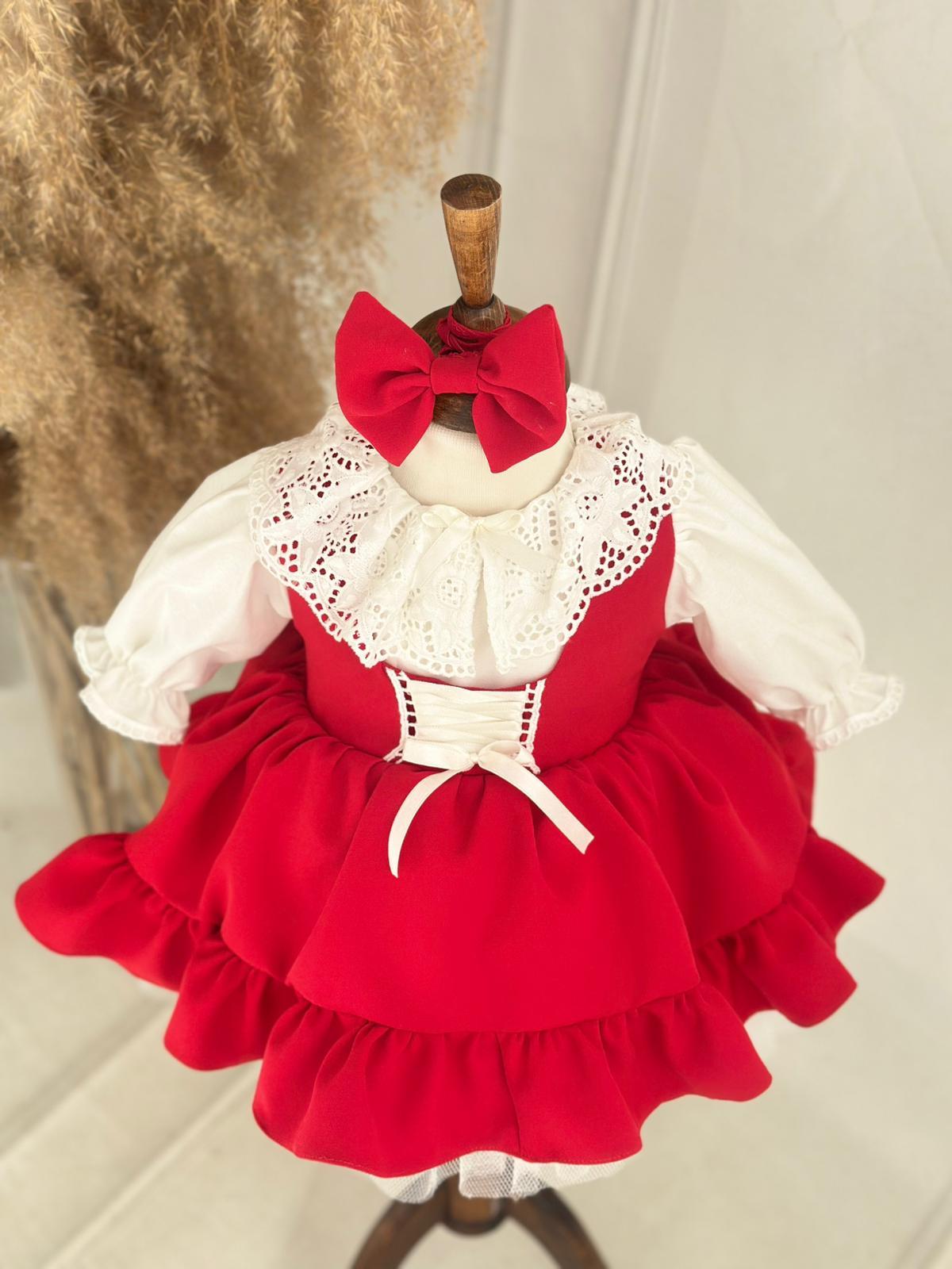 Red Ruffled Baby Girl Dress | Lace Collar and Puff Sleeve Design