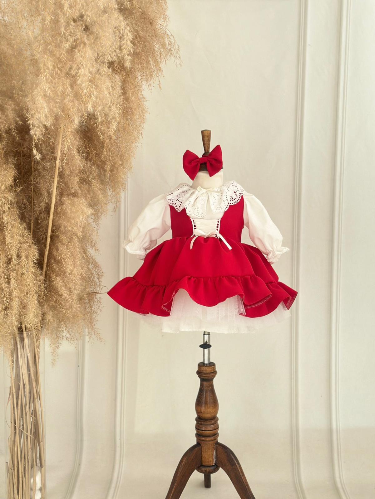 Red Ruffled Baby Girl Dress | Lace Collar and Puff Sleeve Design
