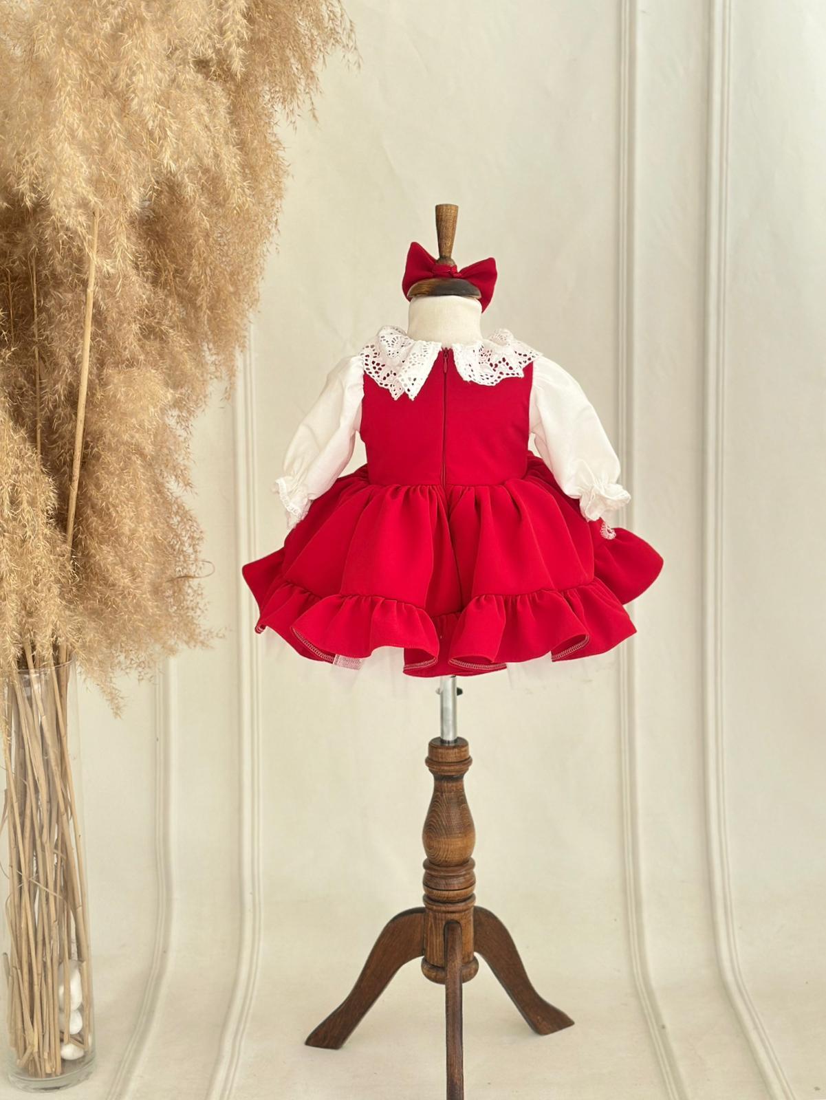 Red Ruffled Baby Girl Dress | Lace Collar and Puff Sleeve Design