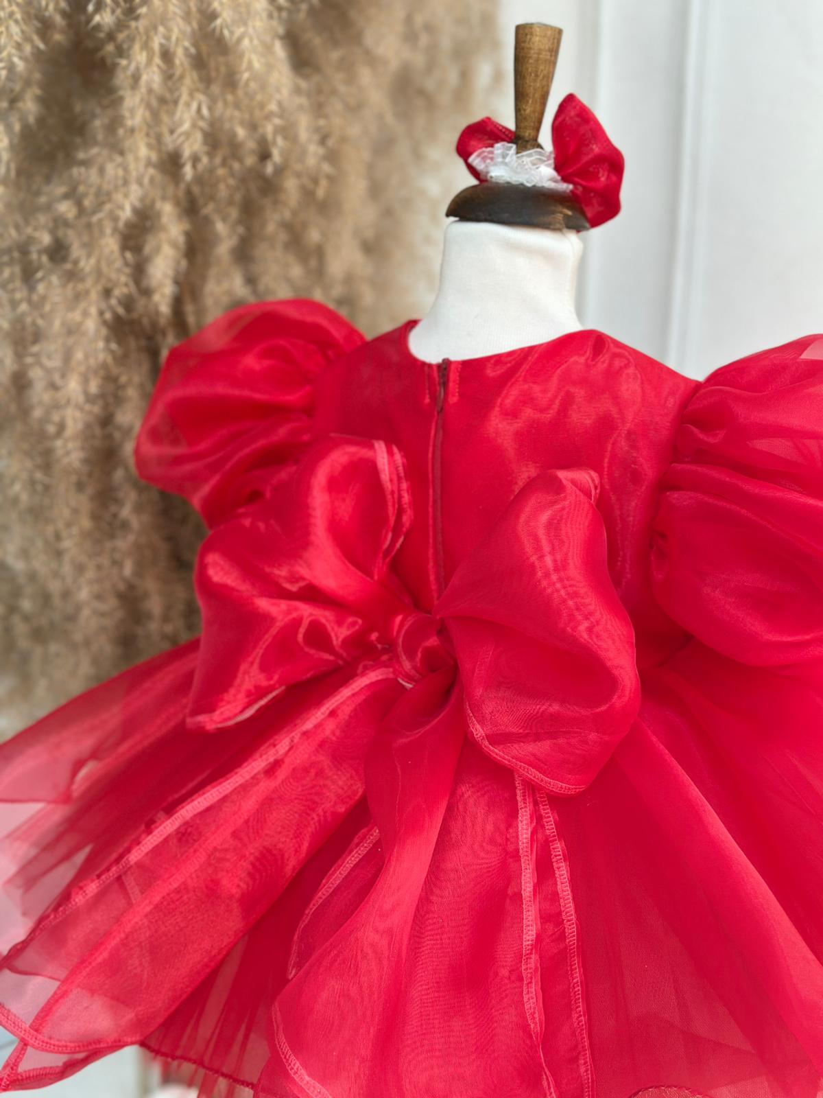 Red and Gold Baby Girl Party Dress with Puffy Sleeves and Tulle Skirt – Holiday & Special Occasion Dress