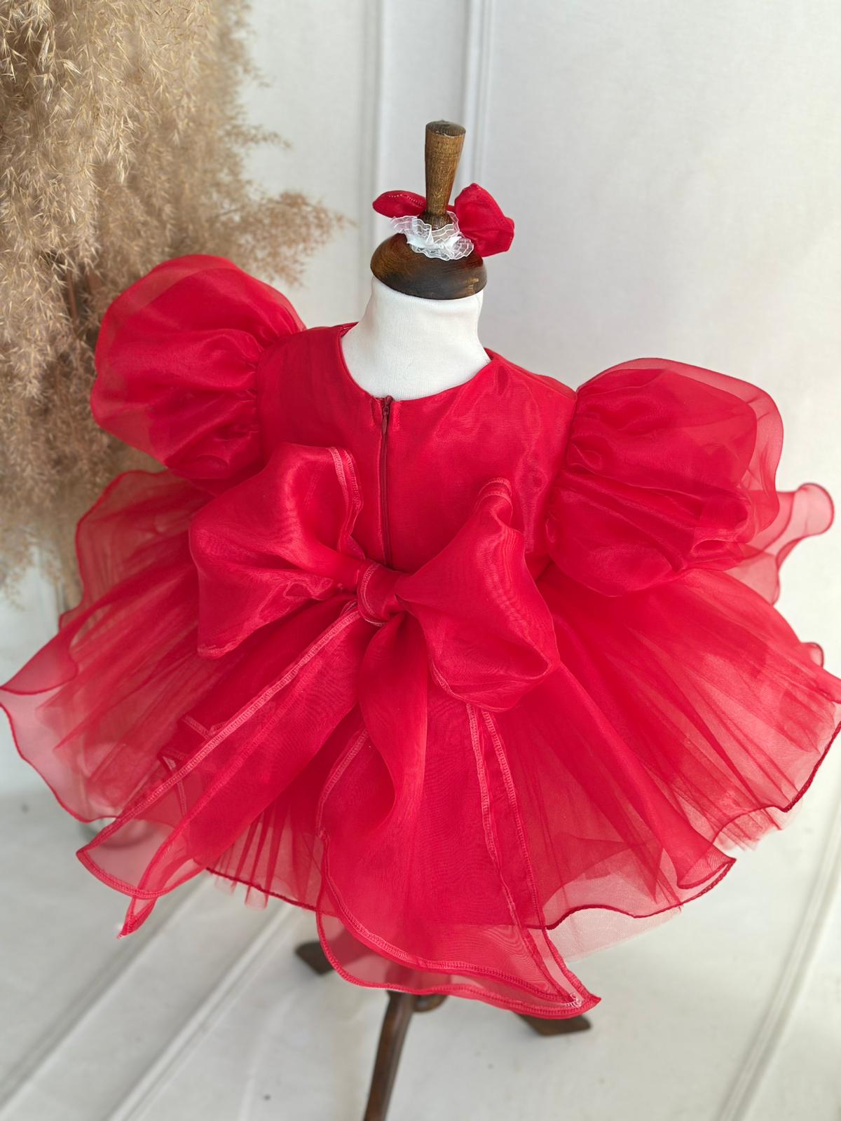Red and Gold Baby Girl Party Dress with Puffy Sleeves and Tulle Skirt – Holiday & Special Occasion Dress