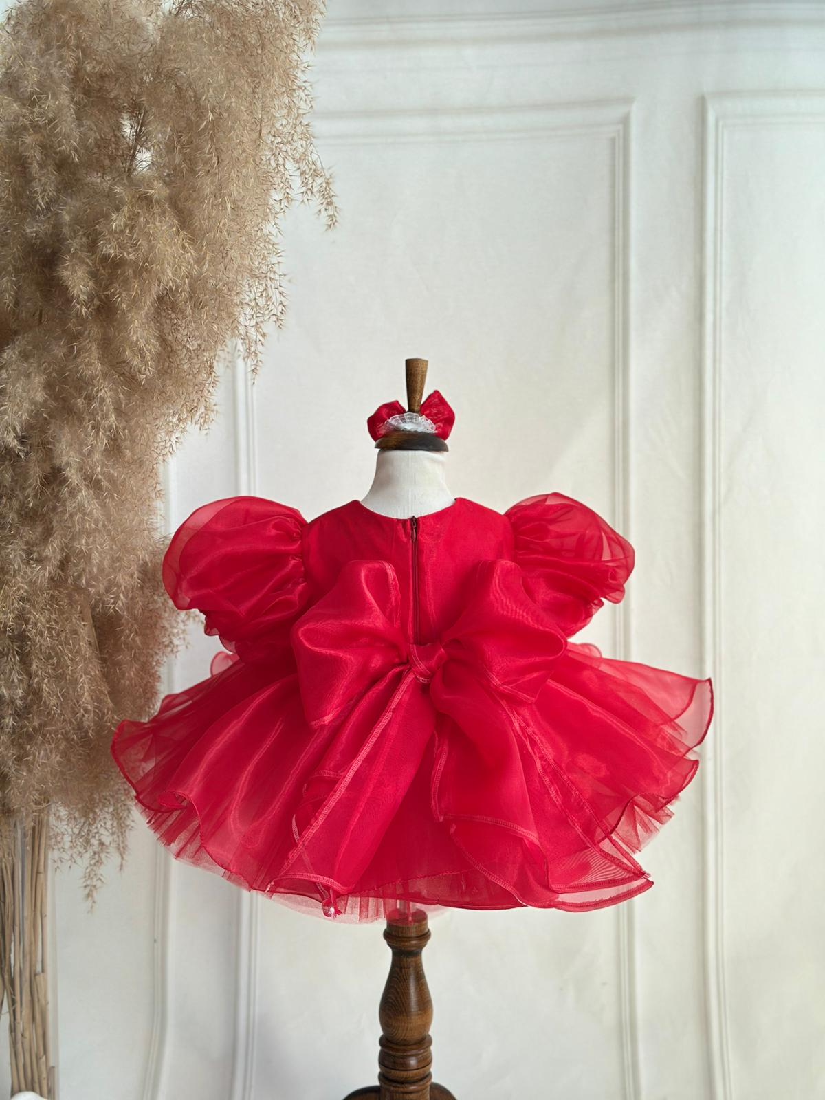 Red and Gold Baby Girl Party Dress with Puffy Sleeves and Tulle Skirt – Holiday & Special Occasion Dress
