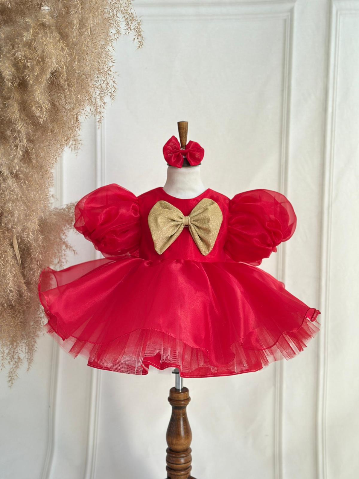 Red and Gold Baby Girl Party Dress with Puffy Sleeves and Tulle Skirt – Holiday & Special Occasion Dress
