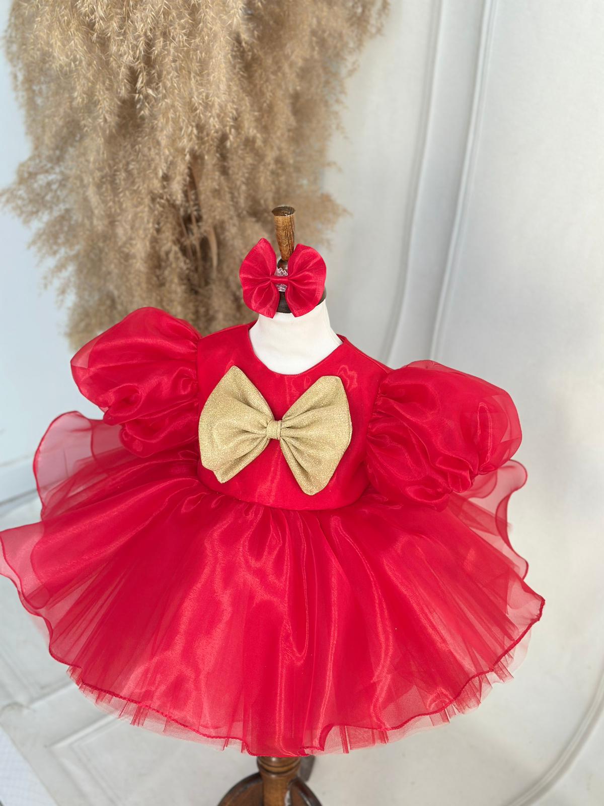 Red and Gold Baby Girl Party Dress with Puffy Sleeves and Tulle Skirt – Holiday & Special Occasion Dress