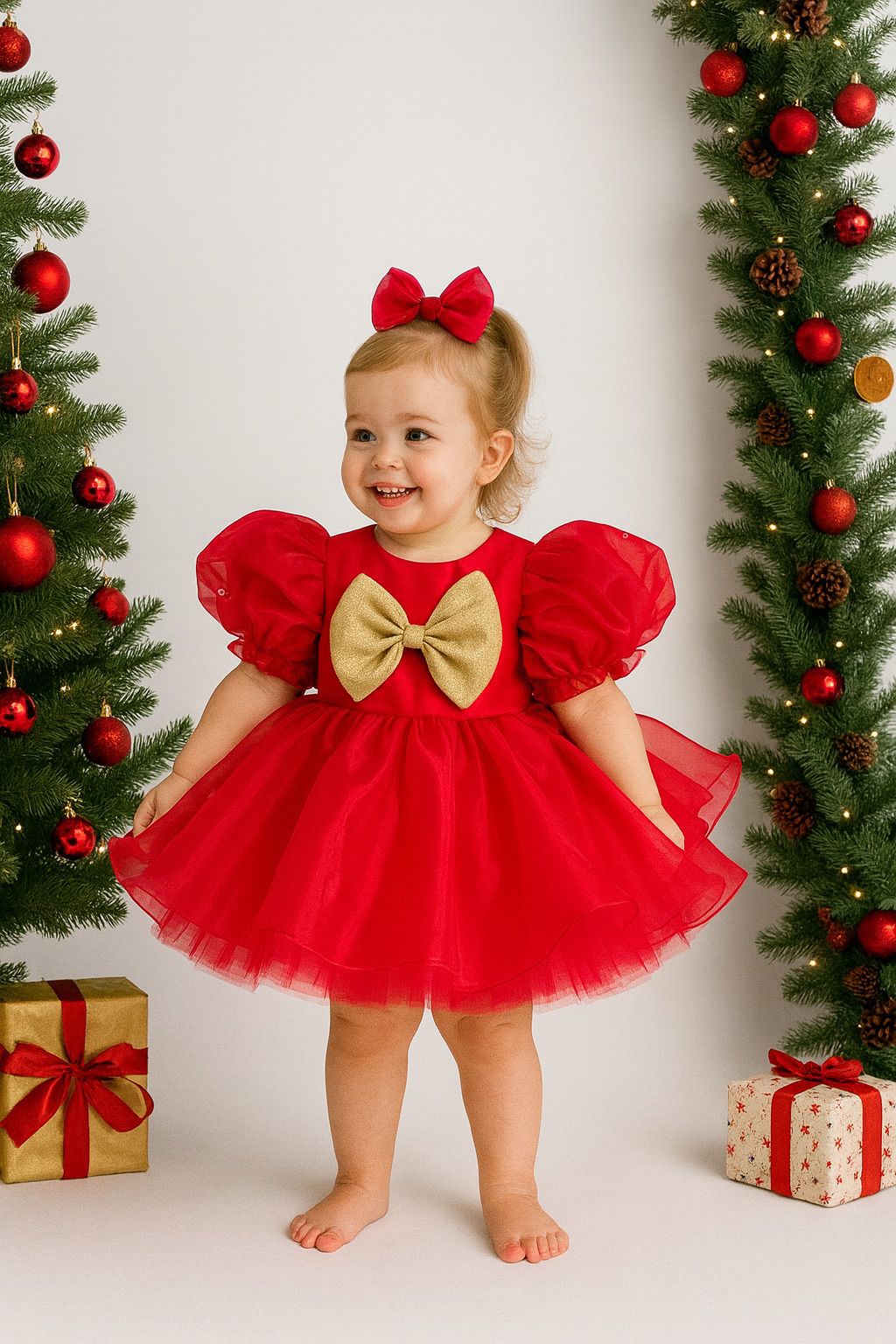 Red and Gold Baby Girl Party Dress with Puffy Sleeves and Tulle Skirt – Holiday & Special Occasion Dress